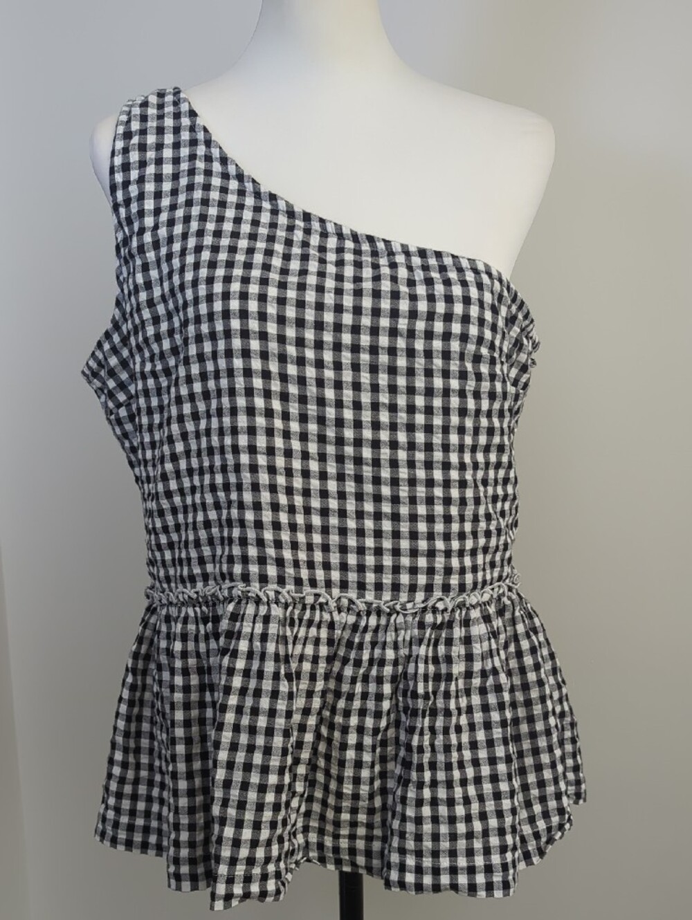 Crown & Ivy Black & White Gingham One-Shoulder Peplum Sleeveless Top SIZE 14